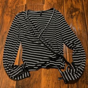 Striped Cross V-Neck Long Sleeve Top